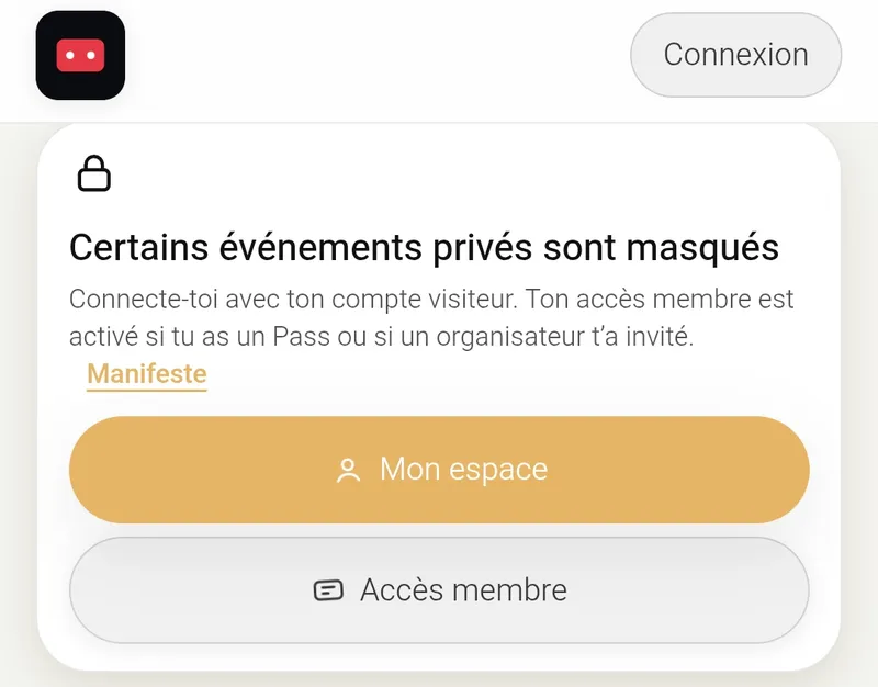 Écran Zyvent affiché à un visiteur non connecté : certains événements privés sont masqués tant que l'accès membre n'est pas activé.