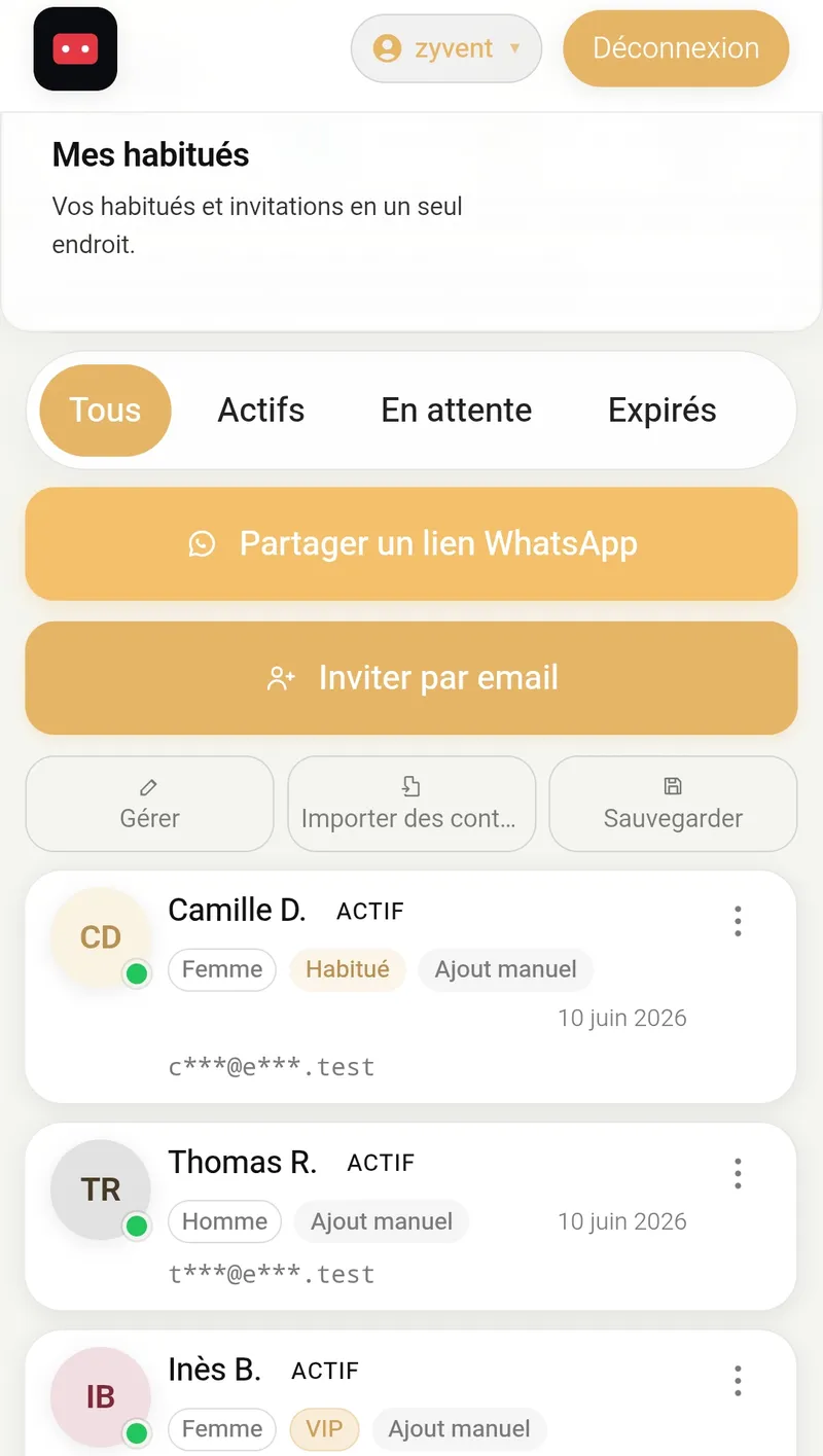 Écran Zyvent de gestion des invités : liste des habitués et VIP, statut actif, coordonnées masquées.