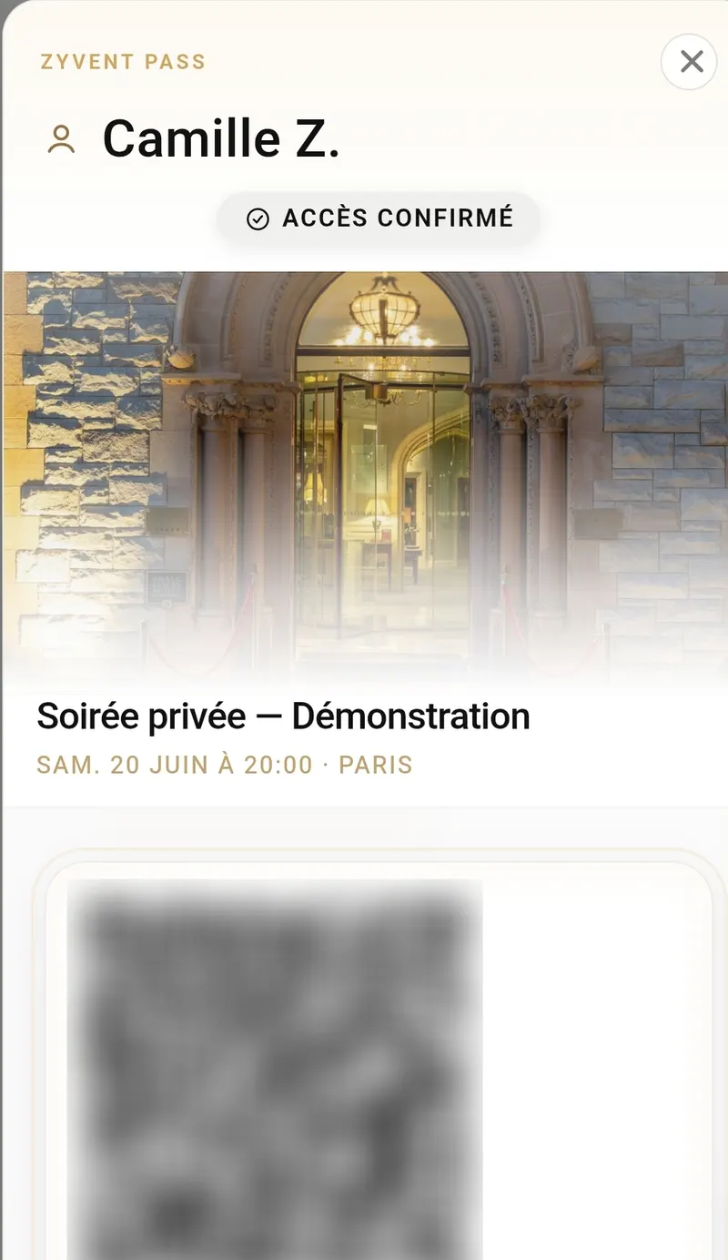Pass Zyvent d'un invité : accès confirmé à un événement privé, avec QR d'entrée.