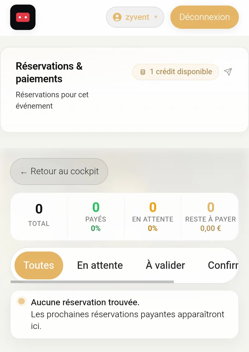 Écran Zyvent de suivi des réservations et des paiements d'un événement privé.