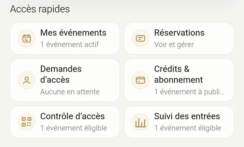 Tableau de bord organisateur Zyvent sur mobile