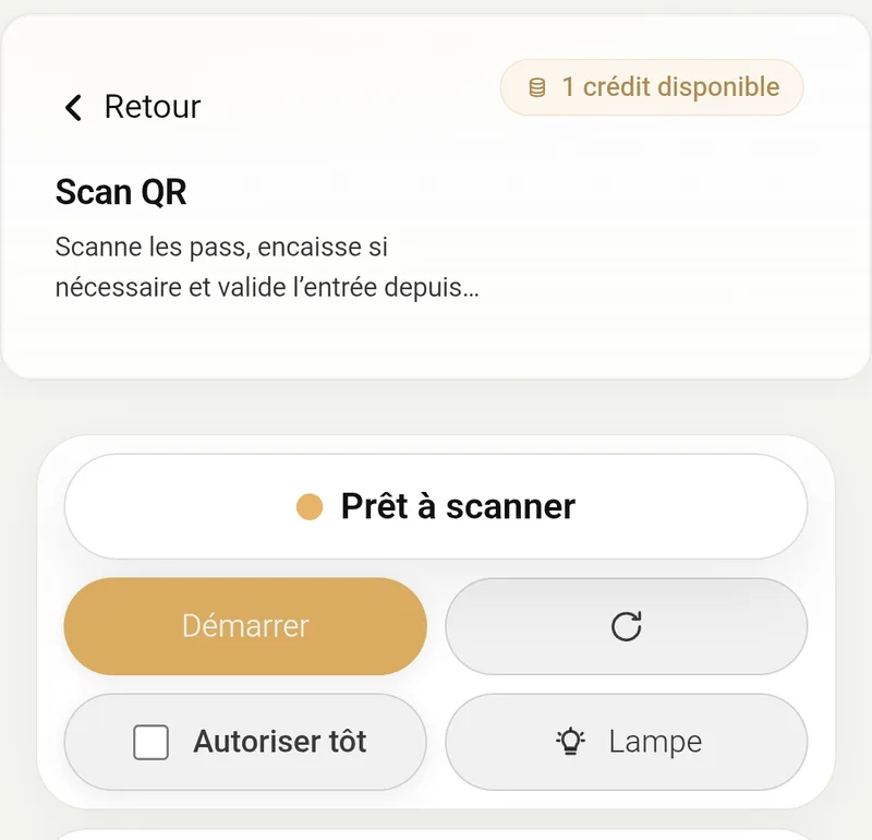 Écran de scan QR Zyvent prêt à valider les entrées d'un événement privé.